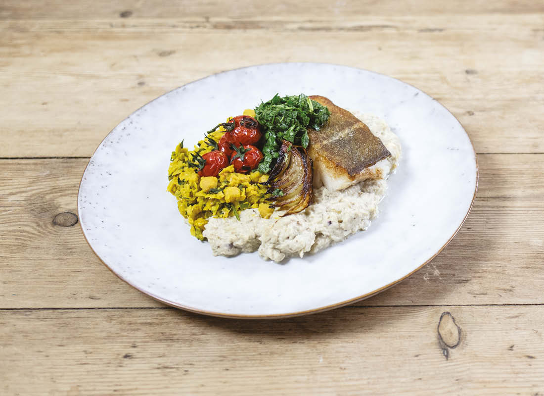 Pan-fried hake with smoky baba ganoush