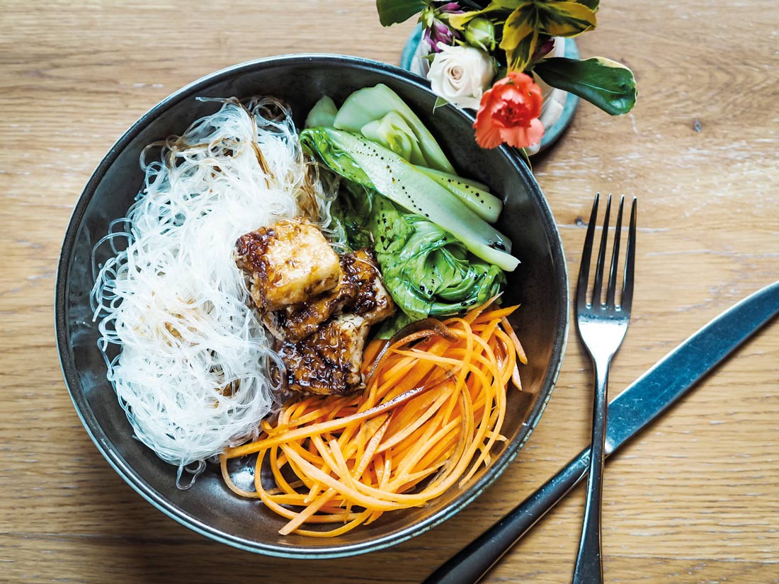 Tofu noodle bowl with pickled carrots