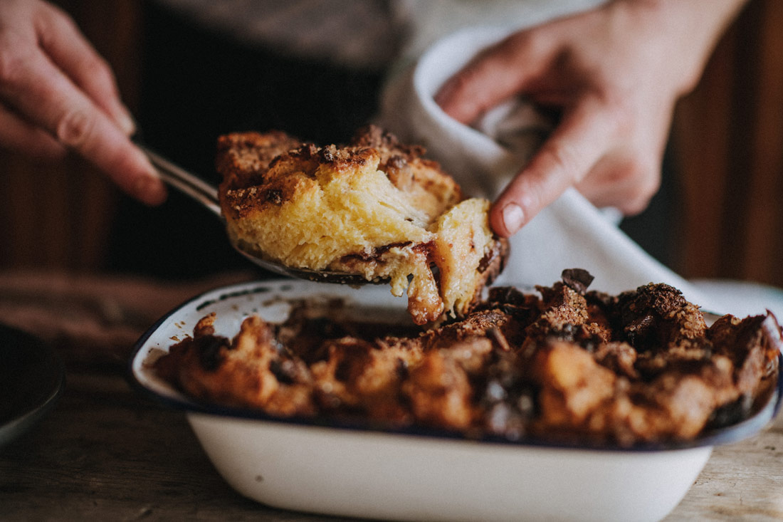 Cranberry and chestnut bread and butter pudding