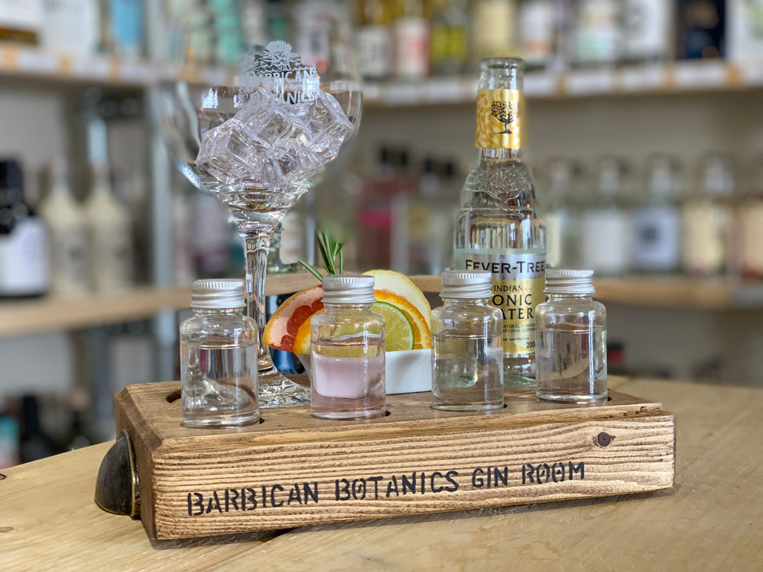 Tray of drinks at Barbican Botanics Gin Room in Plymouth