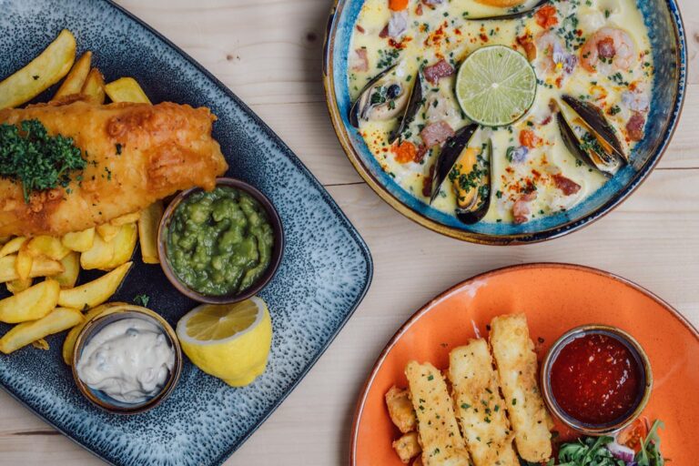 Seafood dishes at Hook & Line cafe and bar in Plymouth