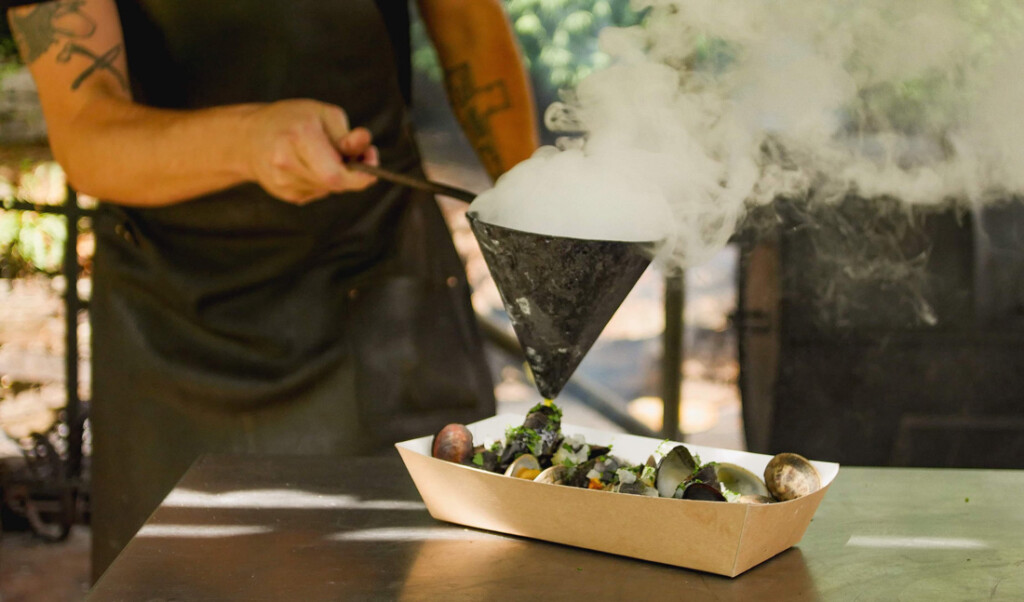 Ember-baked mussels with sea greens