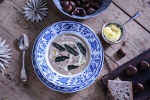 Chestnut soup with sage and clotted cream