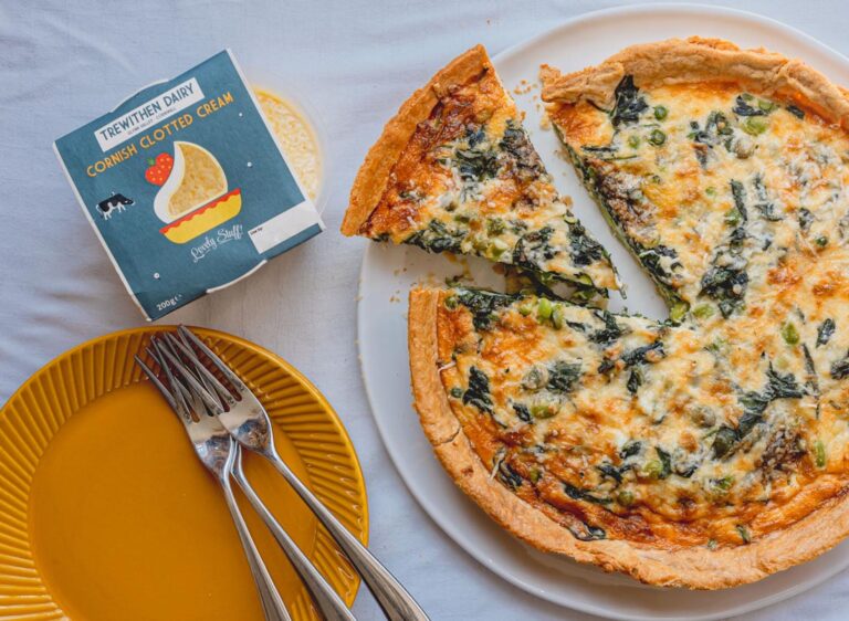 Coronation spinach, broad bean and clotted cream quiche