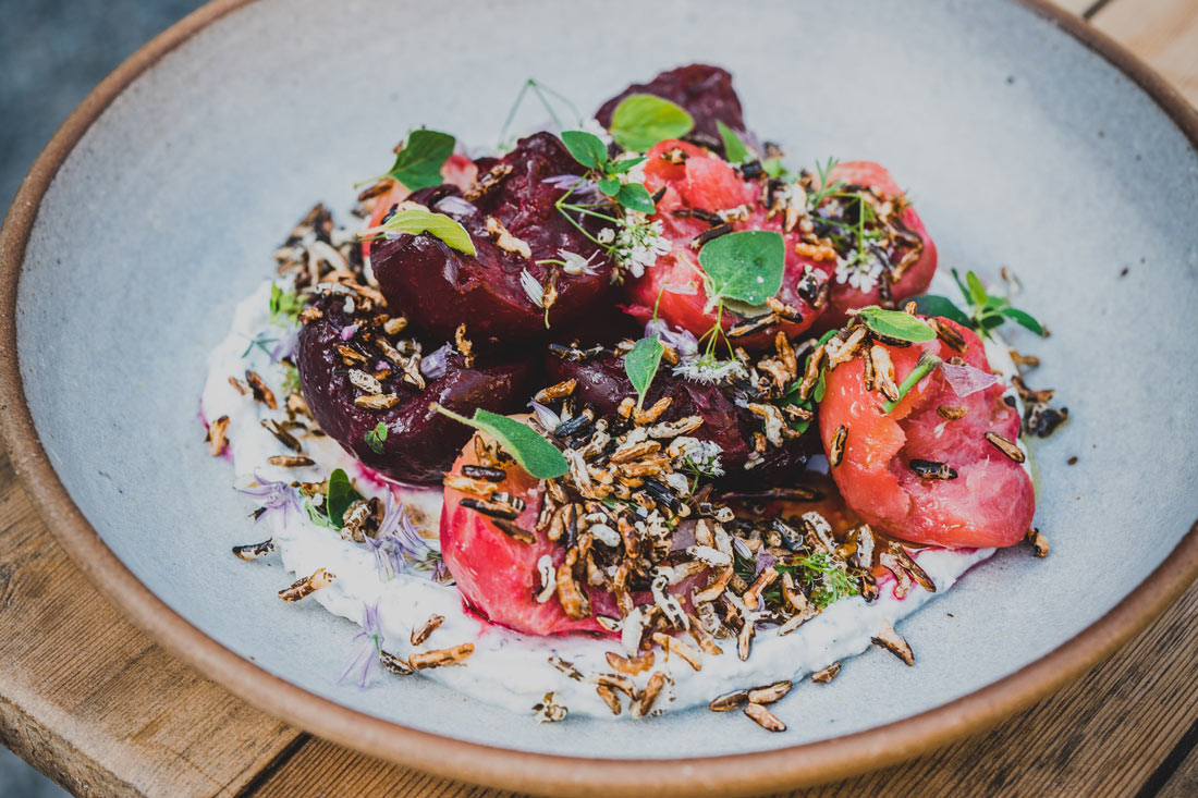 Beetroot with ricotta, raspberry vinegar and wild rice